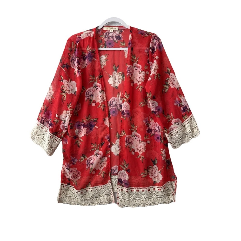 Rewind Sheer Red Floral Crochet Lace Kimono Cardigan Blouse S Boho Fairy Cottage